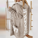 Pikk kardigan kapuutsiga monogramm naiste kampsun silmkoeline mantel XL hele khaki v&auml;rv
