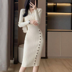 Korea &scaron;ikk V-kaelusega uus naiste s&uuml;gistalvine pikkus kootud kleit V-kaelusega k&otilde;rge v&ouml;&ouml;kohaga &otilde;huke elegantne vabaajakleit One size valge