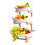 Kolmetasandiline puuviljakorv k&ouml;&ouml;gi jaoks, plastmassist puuviljakauss bambusest puidust alusega, lihtne paigaldada 3 korrusel Ceramic Tray valge