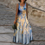 Naiste libisemiskleit Maxi pikk kleit Kuldsete lilledega prindiga kleit kevad-suvi V-kaelusega vaba aja veetmiseks 8XL sinine