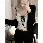 Vintage seksikas vibupits, 2-osaline komplekt, naiste suvine uus disain &scaron;ikk &otilde;huke &uuml;likond, moodne must kootud kardigan + tugeva rihmaga topid S must