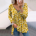 Naiste s&uuml;gisesed lillelised sinised lilled, tr&uuml;kitud pikkade varrukatega T-s&auml;rgid, vaba V-kaelusega pluss-suuruses T-s&auml;rgi topid Mugav pluus XS