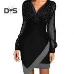 Naiste kevad-s&uuml;gis kleit V-kaelusega laternvarrukatega ebakorrap&auml;rase &auml;&auml;rega l&auml;bipaistev v&otilde;rk pitsidega patchwork &uuml;mbris mini kleit &uuml;le p&otilde;lve pikkusega balli peo jaoks S veinipunane v&auml;rv