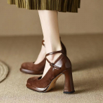 Naiste Retro Spuare Toe Turske platvormi pumbad Crossover Strappy &uuml;he kinga k&otilde;rged kontsad Naine Mary Jane pannal Paksu kontsaga kingad 35 pruun