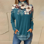 Naiste moodne vabaaja k&otilde;rge kaelusega tr&uuml;kitud pikkade varrukatega T-s&auml;rk, pullover L sinine