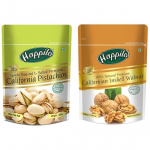 Happilo Premium California r&ouml;stitud ja soolatud pistaatsiap&auml;hklid, 200g & Natural Premium California koorega kuivatatud kreeka p&auml;hklid, 200g