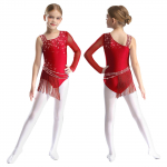 Kid Girl Asymmetric Shoulder Fringed Dance Leotard Rhinestones Figure Skating Rhythmic Gymnastic Tassel Bodysuit Dress Dancewear 11-12 Years burgundiapunane