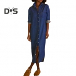 Naiste vabaaja teksariidest s&auml;rkkleit, &uuml;leskeeratav pikkade varrukatega, n&ouml;&ouml;pidega maksikleit, rihvk&otilde;rvaga pikk nihutatav teksakleit S tumesinine v&auml;rv