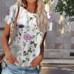 Naiste suvine lilleprindiga T-s&auml;rk, retro stiilis l&uuml;hikeste varrukatega t-s&auml;rgid, vabaaja tr&uuml;kitud topid XS lilla