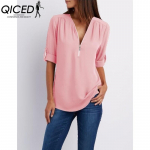 QICED Naiste mood vabaaja &uuml;hev&auml;rvilise tr&uuml;kiga pikkade varrukatega V-kaelusega pluusid ja s&auml;rgid S