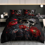 Moodne gooti kolju lilleline tekikottide komplekt - Pehme hingav HD-tr&uuml;kiga voodipesu kodu &uuml;hiselamu sisustuseks - Halloweeni teemaline, Mugav EU Single 135x200cm