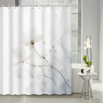 1 tk kvaliteetne valge lilleprindiga du&scaron;ikardin, pol&uuml;ester, masinpestav, konksud komplektis, elegantne vannitoa kaunistus 90X180cm