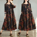 Puuvillane Vanaaegse Mustriga Lilleline Kleit Naised Vabaaja Laiade Varrukatega Kleit Femme Robe Vestidos Elegantne Kevad S&uuml;gis R&otilde;ivad M
