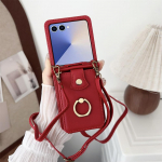 Nahast rahakott-telefoni&uuml;mbris Samsung Galaxy Z Flip 7 6 5 4 3 Flip7 FE jaoks s&otilde;rmer&otilde;nga, kaardihoidja ja crossbody-rihmaga Galaxy Z Flip4 punane