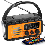 20000mAh h&auml;daolukorra raadio, SW/AM/FM/WB, p&auml;ikeseenergial t&ouml;&ouml;tav v&auml;ntlaadija suure akuga, mobiiltelefoni laadimine, SOS, taskulamp h&auml;daolukorraks oranž
