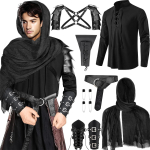 Keskaegne stiiliga meeste s&auml;rk ja aksessuaaride komplekt Cosplay kost&uuml;&uuml;m &otilde;lakilpide, k&auml;epaelade, kapuutsiga salli ja v&ouml;&ouml;ga renessanssifestivali LARP-i jaoks XL must