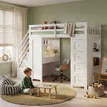 Mitmeotstarbeline p&ouml;&ouml;ninguvoodi lastele, hoiuruumiga ja &otilde;ppimisalaga, sisseehitatud laud, sahtlid, k&uuml;ljeriiulid, m&auml;nnipuit+MDF+laastplaat, valge, 90x200cm 254 x 95 x 175 cm valge