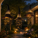 Valgustatud Must V&otilde;rk N&otilde;iam&uuml;ts Rippuv Kellam&auml;ng Lamp Valgustav Maagiline S&auml;ra Halloweeni Tuled V&auml;likaunistus Esikuksele Verandale Puule Aknale Siseruumides 3PCS brown