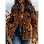 Naiste Nahk & Suede - Vintage Pruun L&uuml;hike Suede Jakk Naistele, &Uuml;he Rinnaga Rev&auml;&auml;rkrae Taskutega, Retro Euroopa Stiilis &Uuml;ler&otilde;ivad XXXL pruun