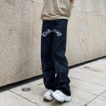 Meeste Harajuku Retro-kiri tikandiga kottis gooti Y2K rebenenud teksad meestele vabaaja sirged mustad teksap&uuml;ksid meeste p&uuml;ksid 4XL must