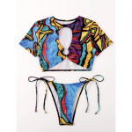 Seksikas tr&uuml;kitud l&uuml;hikeste varrukatega v&auml;ljal&otilde;igatud bikiinid naiste ujumistrikoo naiste ujumisriided Kaheosaline bikiinikomplekt supelkost&uuml;&uuml;m ujumine S