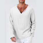 Moodne s&auml;rk uus hingav puuvillane ja linane etniline meeste &uuml;hev&auml;rviline V-kaelusega pikkade varrukatega T-s&auml;rk 5XL valge