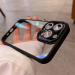 Luksuslik Glitter Diamond Clear HD &uuml;mbris iPhone 14 13 12 11 Pro Max Plus objektiivi kaitseplaadiga p&otilde;rutuskindel h&uuml;briidsoomuskate iPhone 14 Pro Max must