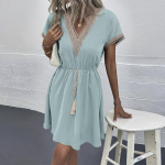 Naiste vintage kleidid Suvemood Soliidne V-kaelus P&otilde;lveni ulatuv lahtine pitskleit vabaaja magus l&uuml;hikeste varrukatega kleit Vestidos 27750 S aprikoosi