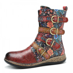 Johnature Retro Broken Flower Nahast &otilde;mmeldud v&ouml;&ouml;pandlaga saapad &uuml;mmargused varbad, lameda p&otilde;hjaga mugavad naiste kingad 36 punane