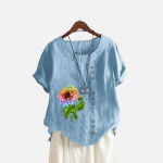 Naiste mood Lillemustriga T-s&auml;rk Suvine ja s&uuml;gis vabaaja O kaelusega l&uuml;hikeste varrukatega s&auml;rk, puuvillane linane pluus S valge