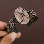 Natural Rose Quartz Gemstone Handmade Copper Wire Wrap Bangle Adjustable j5g81