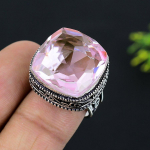 Looduslik roosa Kunzite kalliskivi k&auml;sitsi valmistatud 925 sterlingh&otilde;bedane s&otilde;rmus, suurus 7,5 L4K06