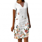 Naiste suvekleit V-kaelusega lilleprinteriga avar sirge pulloveriga kleit-up p&otilde;lvedeni, v&auml;rvikindel midikleit naisteriided 2XL valge