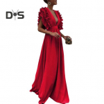 Naiste &otilde;htukleit madala l&otilde;ikega V-kaelusega lendavad varrukad Kihiline volangidega plisseeritud k&otilde;rge v&ouml;&ouml;koht &uuml;hev&auml;rviline p&otilde;randapikkus balli kokteilipeokleit M punane