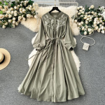 Boheemlaslikud pikad kleidid naistele O kaelusega latern varrukatega tikandid p&uuml;hadeaegsed Vestidos A-line pitsiga s&uuml;giskleit Vintage One Size armee roheline v&auml;rv