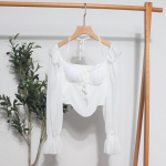 Naiste laienevate varrukatega topid, volangidega, elastne v&ouml;&ouml;koht, p&auml;itsed, seljata &scaron;ifoon, &otilde;hukesed daamid, harajuku seksikas l&uuml;hike pluus One Size kohv