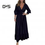 Naiste &otilde;htukleit V kaelusega &otilde;huke v&ouml;&ouml;koht, volangidega mansetid, satiinist plisseeritud kihiline &auml;&auml;ris A-line maksikleit pikkade varrukatega pulmapeokleit M roheline