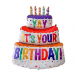 Suur kolmekihiline kook, k&uuml;&uuml;nlatriibuga t&auml;piline fooliumist &otilde;hupallid s&uuml;nnip&auml;evapeo foto Rekvisiidid Stseeni kaunistus Cake