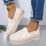 Linane Ida-retro hingavad mokassiinid Faux-p&auml;rlite detailiga espadrillid Lihtsad v&otilde;rk-l&otilde;uendist naiste kingad 36 valge