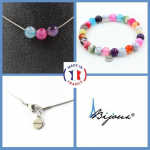 Pierres et Min&eacute;raux. Parure bijoux Bracelet Collier 3 Perles Agate craquel&eacute; Fuchsia Taille personnalisable.