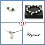 Pierres et Min&eacute;raux. Parure Bracelet Collier Perles Opale Rose + Malachite 8 mm. Chaine en Taille personnalisable.