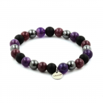 Pierres et Min&eacute;raux. Bracelet Perles Am&eacute;thyste + H&eacute;matite + L&eacute;pidolite + Onyx noir mat 8 Fabriqu&eacute; en France.