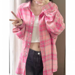 Moodsad roosad ruudulised vabaaja lahtised s&auml;rgid naistele kevad-suvi uued topid pikkade varrukatega naiste pluusid elegantsed &uuml;herealised &otilde;hukesed lihtsad kontoripluusid 26116 One size roosa