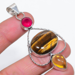 Tiger Eye, Citrine Handmade 925 Sterling Silver Jewelry Pendant 2.76 z4w77
