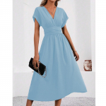 Naiste lahtine vabaaja &uuml;hev&auml;rviline V-kaelusega v&ouml;&ouml;kohast plisseeritud pikk kleit v&ouml;&ouml;kohast plisseeritud pikk kleit XL taevasinine v&auml;rv