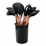 11 tk silikoonist toiduvalmistamisn&otilde;ude komplekt Mittenakkuva spaatliga k&uuml;hvliga puidust k&auml;epidemega toiduvalmistamisriistade komplekt koos hoiukastiga K&ouml;&ouml;k must