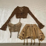 Harajuku Vintage Fashion 3-osaline komplekt naisele l&uuml;hike kampsun + &otilde;huke vest + Y2k E-Girl k&otilde;rge v&ouml;&ouml;kohaga seelik Kuum t&uuml;drukute korea stiilis &uuml;likond XS pruun
