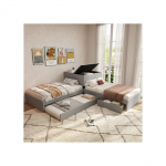 Lit d'angle, deux lits simples avec tiroirs de rangement, avec lit gigogne, 90x200 cm, sans matelas, lin, gris