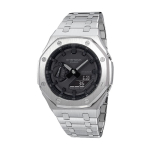 CASIO Unisex vedelkristall/analoog kahekordse n&auml;iduga seeria must kell GA-2100-1A1- Silver Steel Band black