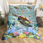 Merikilpkonna Tekikott T&auml;issuurus Ookeani Voodipesukomplekt Lastele Teismelistele 2 Padjap&uuml;&uuml;ri ja 3-osaline Rannakomplekt EU single(135x200cm)